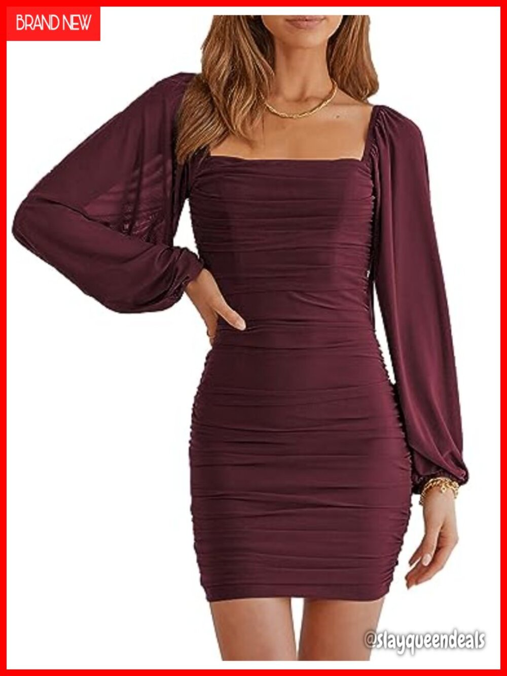 MASCOMODA Women's Square Neck Long Sleeve Mesh Bodycon Mini Dress